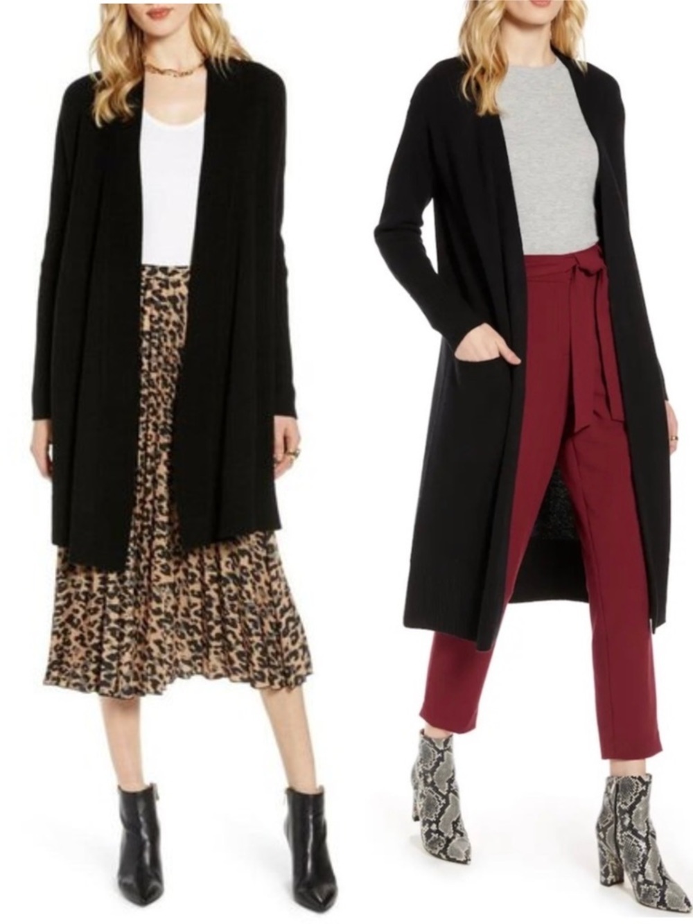 Halogen Nordstrom Black Long Sleeve Open Front Duster Cardigan Cashmere Blend